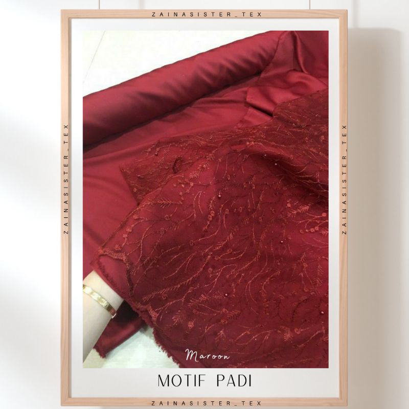 Kain Brukat Tile Mutiara Motif Padi Warna Merah Maroon