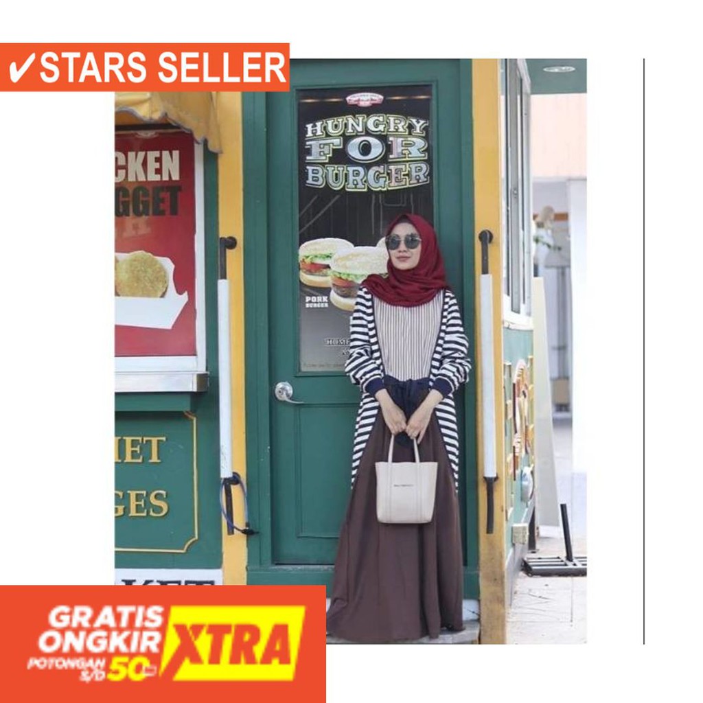 BAJU MUSLIM TERKINI TERBARU WANITA MURAH CEWE ASLI / Brown Stripe Dress By Monel_Chavians