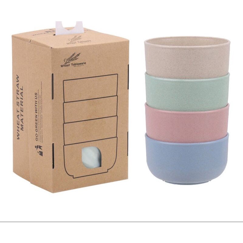 MS4 Mangkok Makan Set 4pcs Wheat Straw Bowl Warna Warni Jerami Gandum Mangkuk Plastik Set Gift
