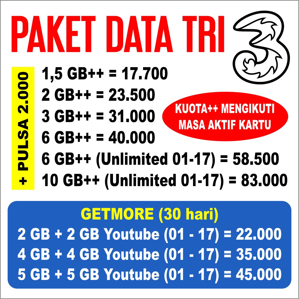 KUOTA 3 TRI THREE Always On (KUOTA++) SEMUA JARINGAN 24 ...