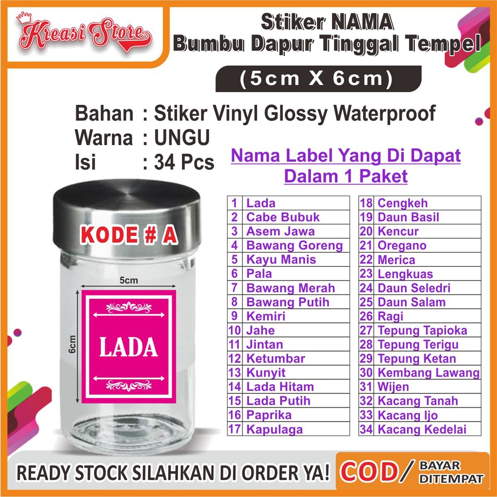 

COD✔ CUSTOM Stiker Label Nama Bumbu Dapur Waterproof Isi 34 Pcs uk 5x6cm Ready Stock