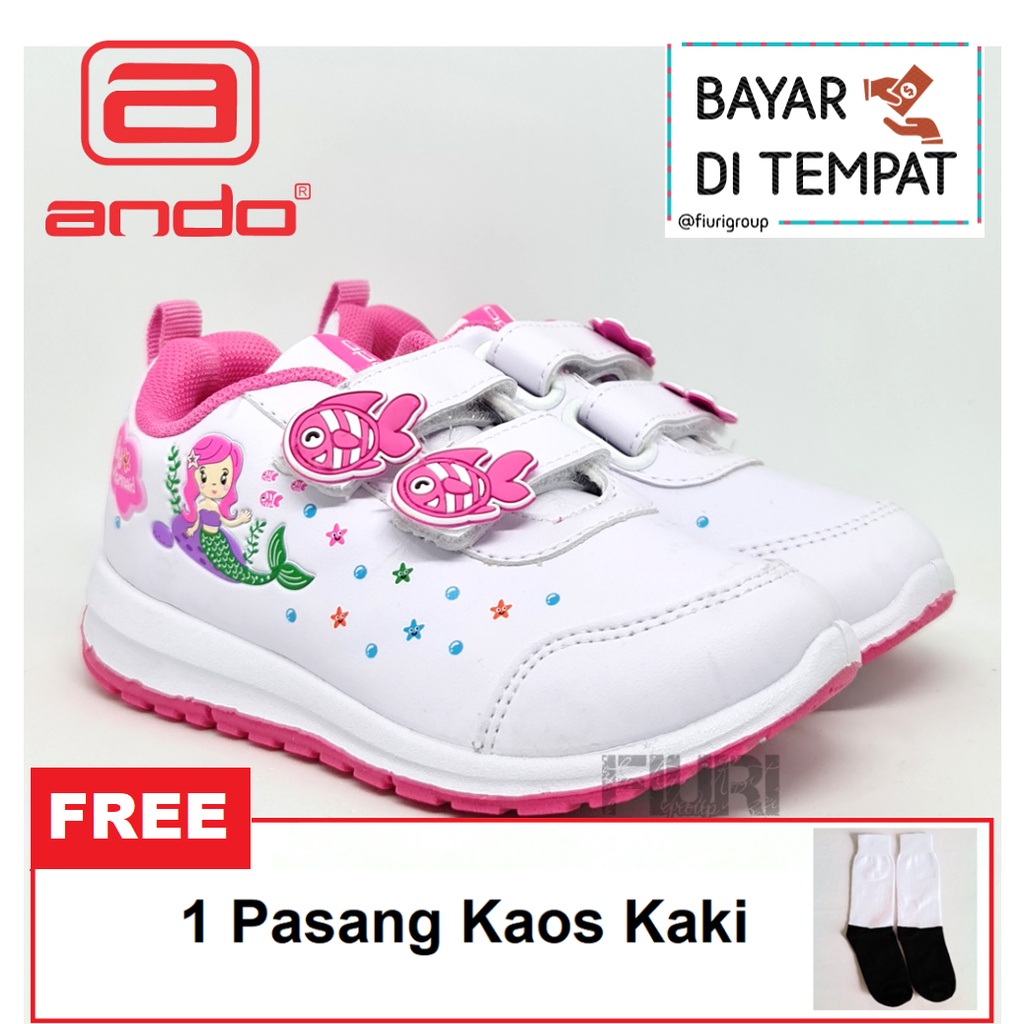 FIURI - ANDO ORIGINAL -  LILY MERMAID PEREKAT 29-36 PUTIH PINK - SEPATU SNEAKERS KANVAS SOL KARET ANAK KECIL PEREMPUAN  - SEPATU PUTRI DUYUNG KETS LUCU FASHION TRENDY - SEPATU SEKOLAH PAUD TK KRETEKAN PEREKAT CEWEK MURAH PROMO DISKON BONUS KAOS KAKI