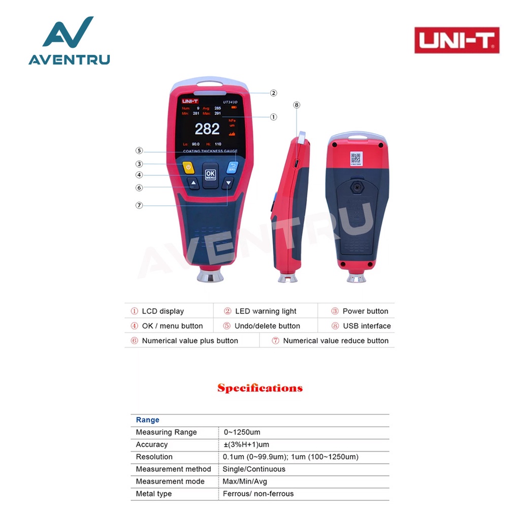 UNI-T Coating Thickness Gauge Alat Ukur Ketebalan Cat UT343D