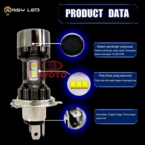 lampu utama led mobil motor h4 AYOTO A2 45 watt double CSP 12000 lumen - putih