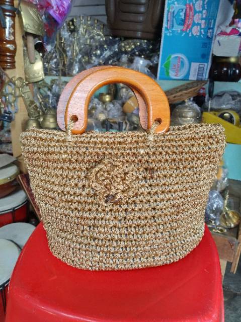 TAS RAJUT JINJING HAND BAG BUNGA VARIASI KAYU 22x16x10 cm - TAS WANITA MURAH