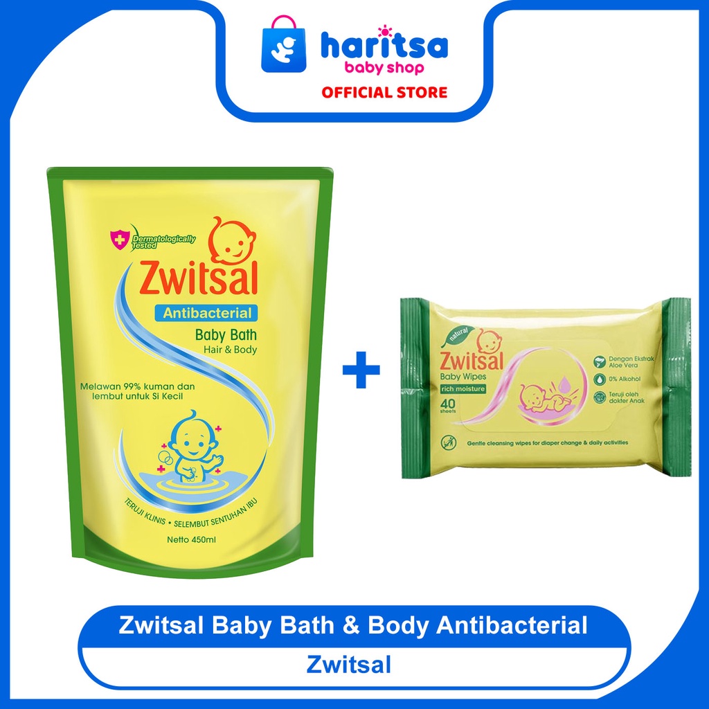 Zwitsal Baby Bath &amp; Body Antibacterial + Zwitsal Baby Wipes 450 ml