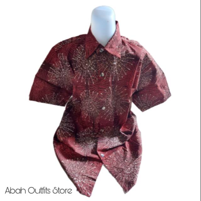 KEMEJA BATIK ANAK SD LAKI-LAKI HEM BATIK BAJU BATIK LENGAN PENDEK WARNA MERAH HIJAU GELAP UKURAN M