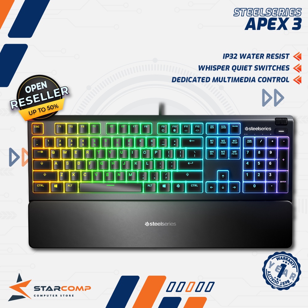 Steelseries Apex 3 RGB Whisper Quiet Gaming Keyboard Waterresist