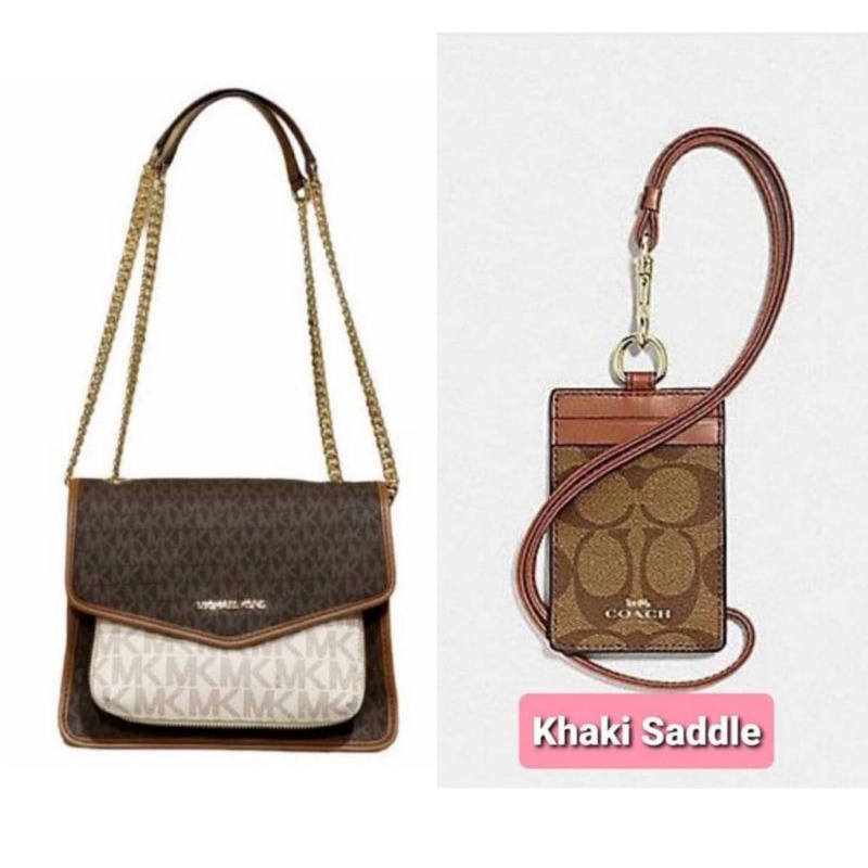 Tas MK Regina Medium Flap Shoulder Bag Signature Vanilla Multi & Coch Lanyard ID Signature Khaki Sad