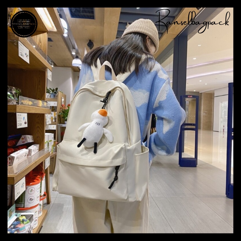 Tas Ransel Backpack Punggung Pria Wanita Sekolah Distro Polos Murah Terbaru Cewek Cowok Pria Wanita-Crem