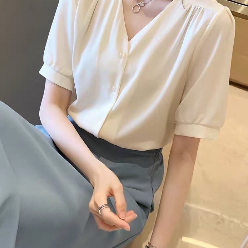 BL822 • Korean Puff Sleeve Import • Blouse Vneck • Atasan Wanita Trendy