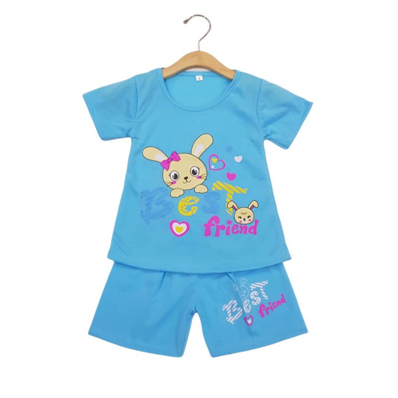 SETELAN SIKUNING PAKAIAN BAJU ANAK PEREMPUAN 2-7 TAHUN MOTIF BEST FRIEND RABBIT