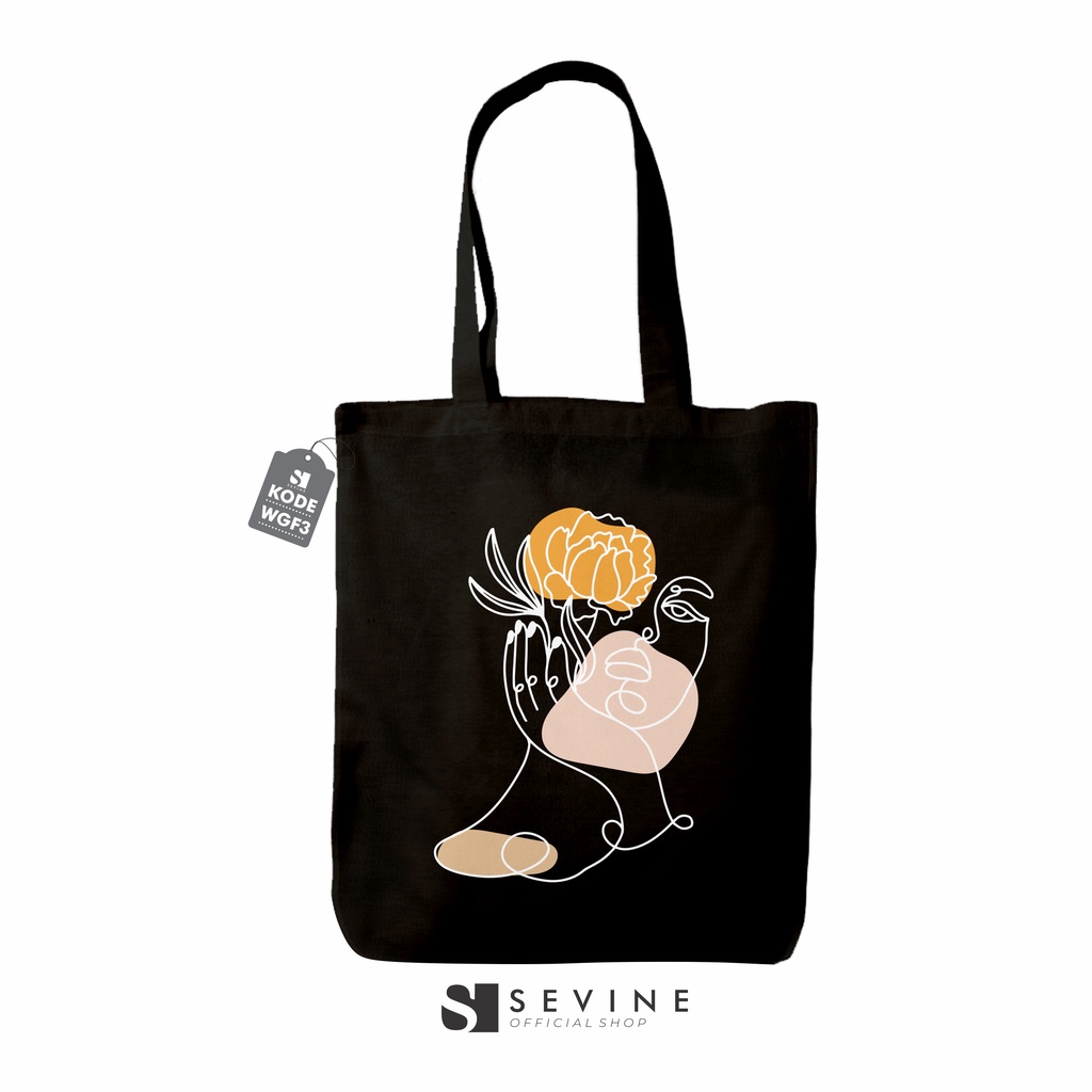 Sevine Tote Bag Resleting Tas Wanita Totebag Motif Face Line Art modern Black Series  - WGF3