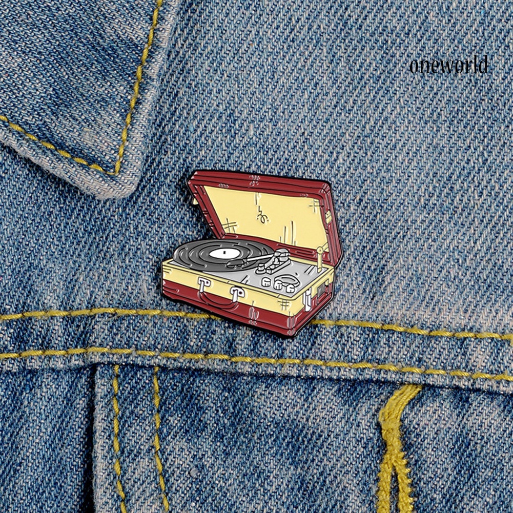 OW@ Unisex Suitcase Vinyl Record Player Enamel Brooch Pin Denim Jacket Badge Jewelry