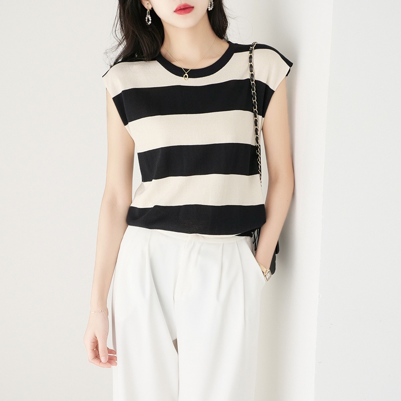 【Elegant】Korean Knit Round Neck Striped sleeveless T-Shirt 7481