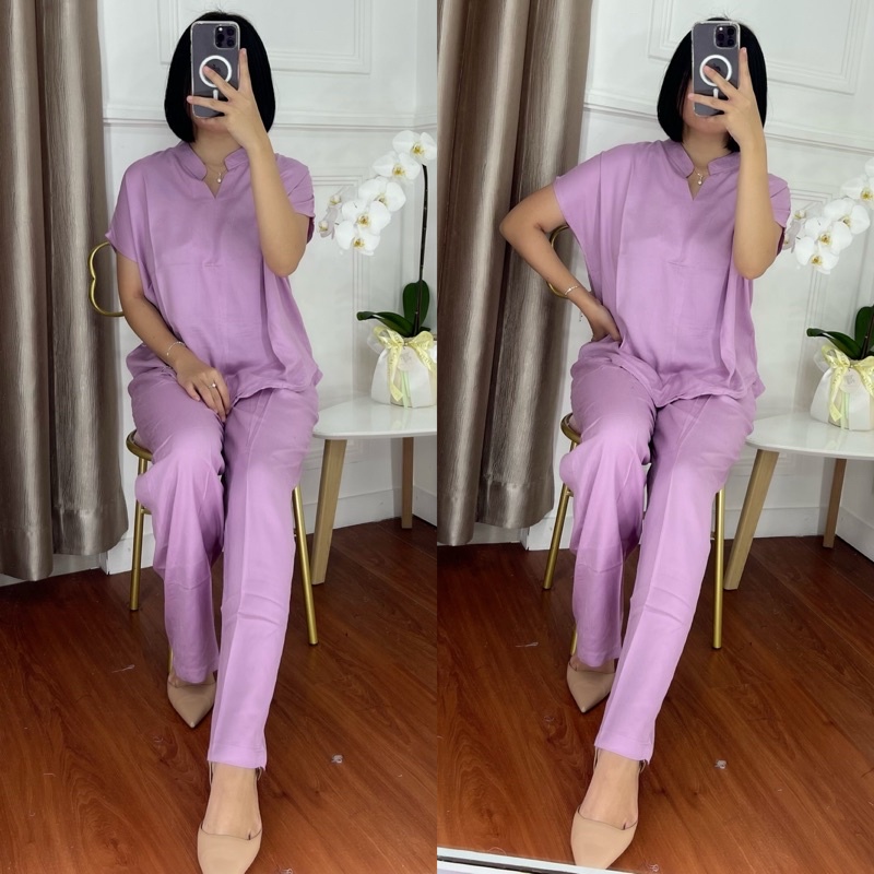 ONE SET TWILL PIYAMA SET TWILL/PAJAMAS/DAILY ONE SET/SETELAN / SETCEL / KEMEJA RAYON / RAYON TWILL-DARK LILAC TWILL