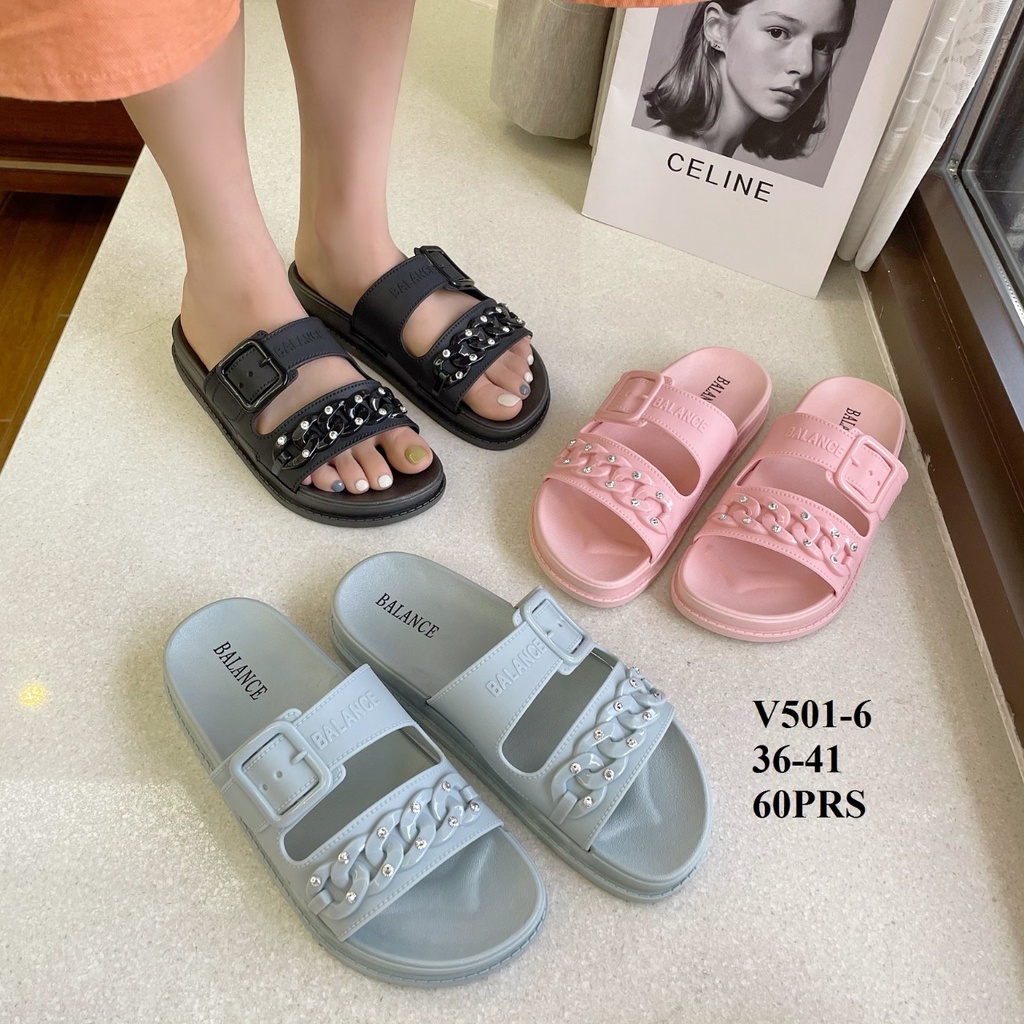 ✨ COD ✔️ SANDAL WANITA BALANCE V501 6 2 STRAP BELT &amp; RANTAI MUTIARA TEBAL NYAMAN AWET SOL ANTI SLIP