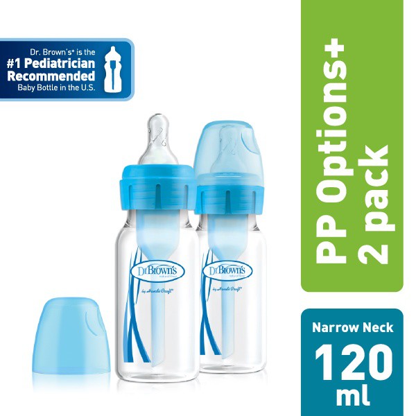 Dr.Brown's 4 oz / 120 ml PP Narrow Neck &quot;Options+&quot; Baby Bottle, Pink/Blue,2 Pack / Botol Susu Bayi