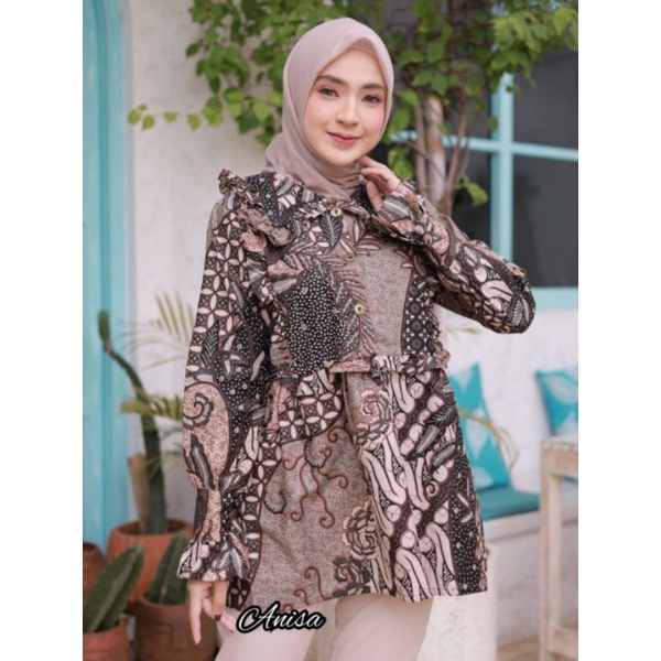 tey-17 Batik wanita ASJ SA HRB026 Kenongo Kemeja Tosca Pendek-Sonia Kt Coklat