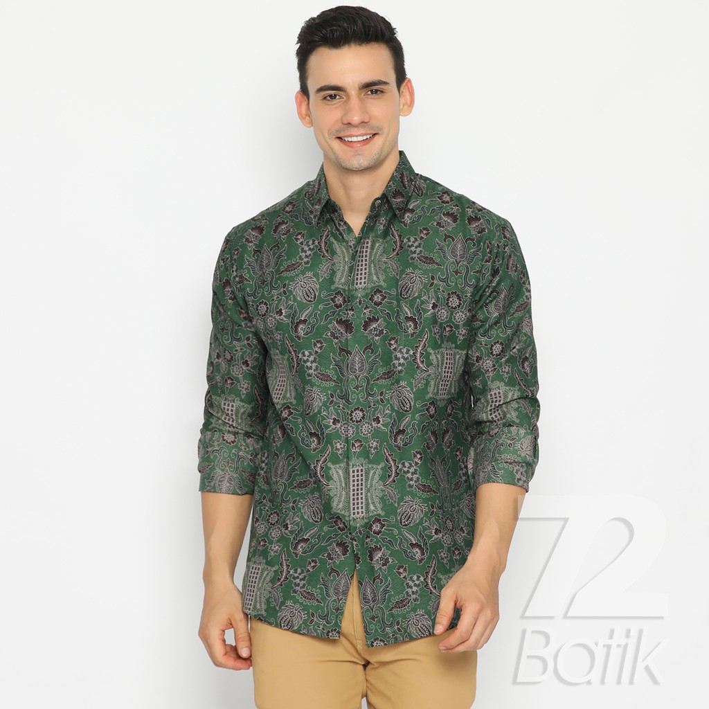 BATIK PRIA LENGAN PANJANG Kemeja Dobby Slimfit Motif Pintu Aceh Premium Hijau Putih 723593 Cap 72 - Baju Kemeja Atasan Pakaian Setelan Batik Pria Cowok Laki Laki Remaja Keluarga Kantor Lengan Panjang Modern Slimfit Slim Fit Premium Kekinian