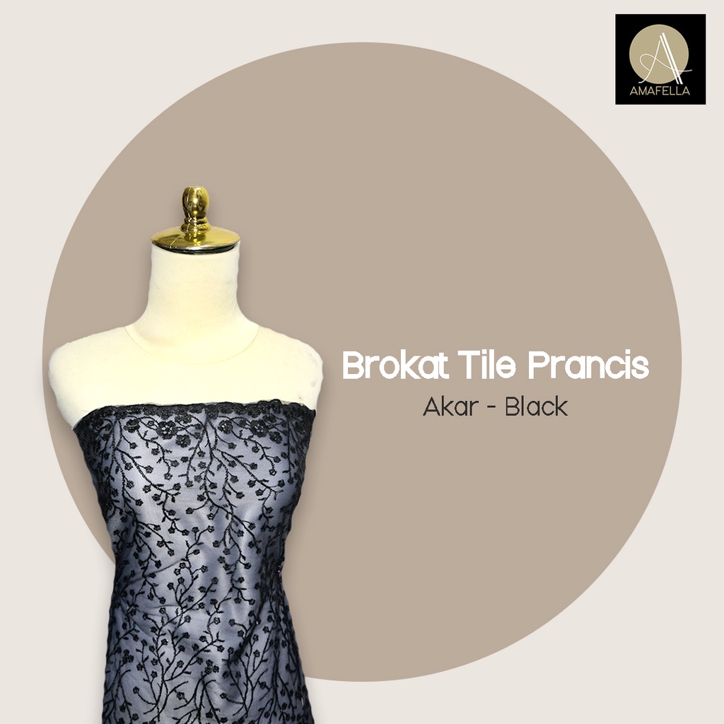 1/2 meter Kain Brokat Tile Prancis Bahan Kebaya Motif Akar Black Hitam