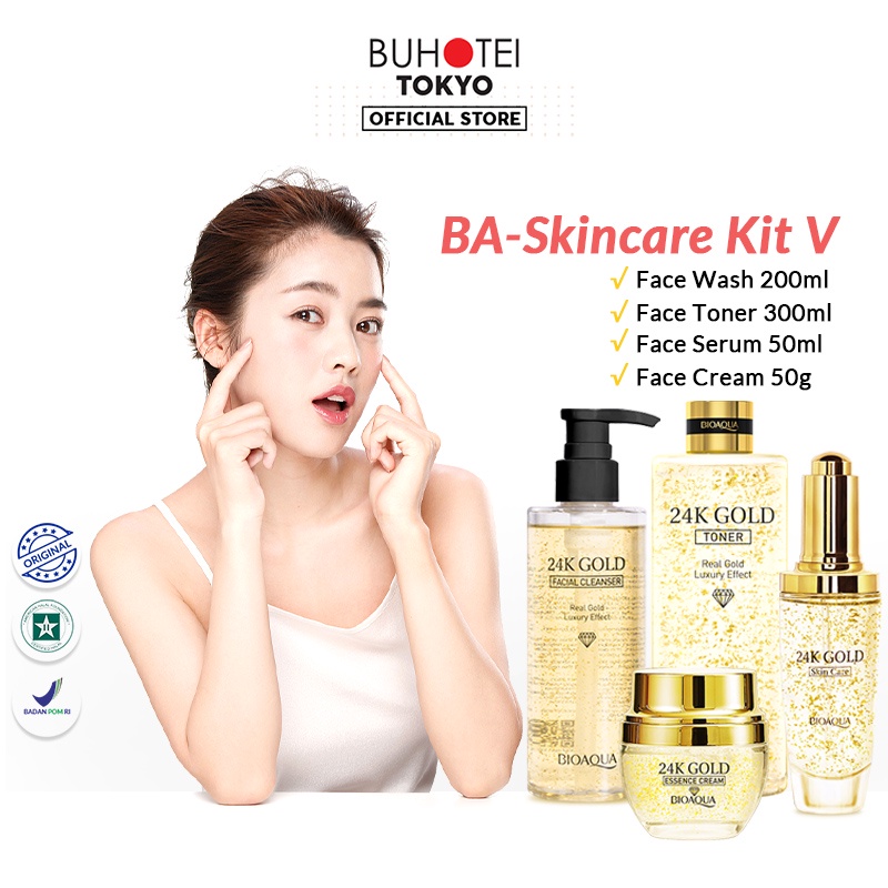 BUHOTEI Bioaqua 24K Gold Skin Care BPOM Skincare Paket Lengkap Whitening dan Brightening Essence Cream Skin Barrier & Gentle Cleanser & Exfoliating Toner & Hydrating Serum Skincare Untuk Kulit Berminyak Acnes Menghilangkan Bekas Jerawat Oil Control-BA-Skin Care Kit V