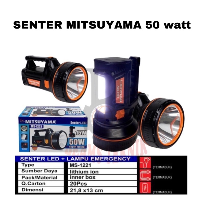 senter LED EMERGENCY  merk mitsuyama type MS-1221 Senter 50watt yang tahan hingga 8 jam bisa untuk p