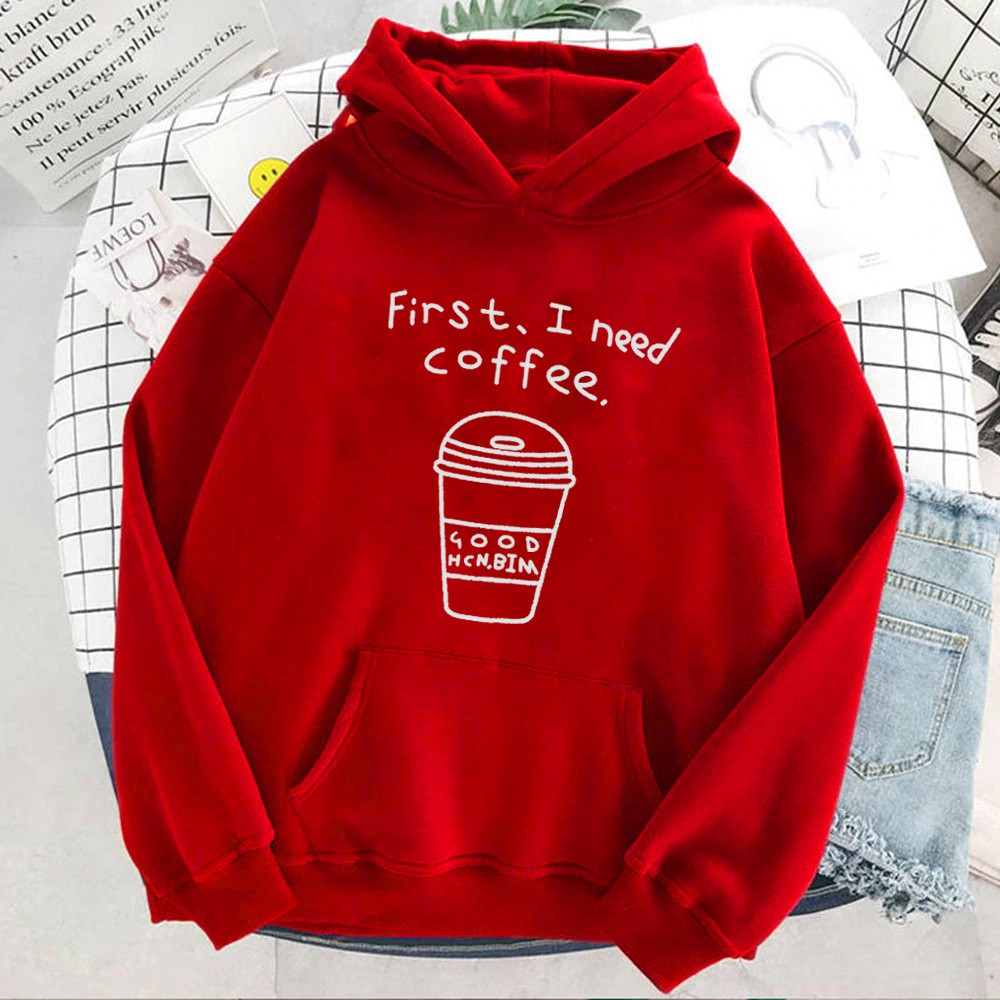 Sweater Wanita Hoodie Oversize Lengan Panjang Babyterry First I Need Coffee-Merah
