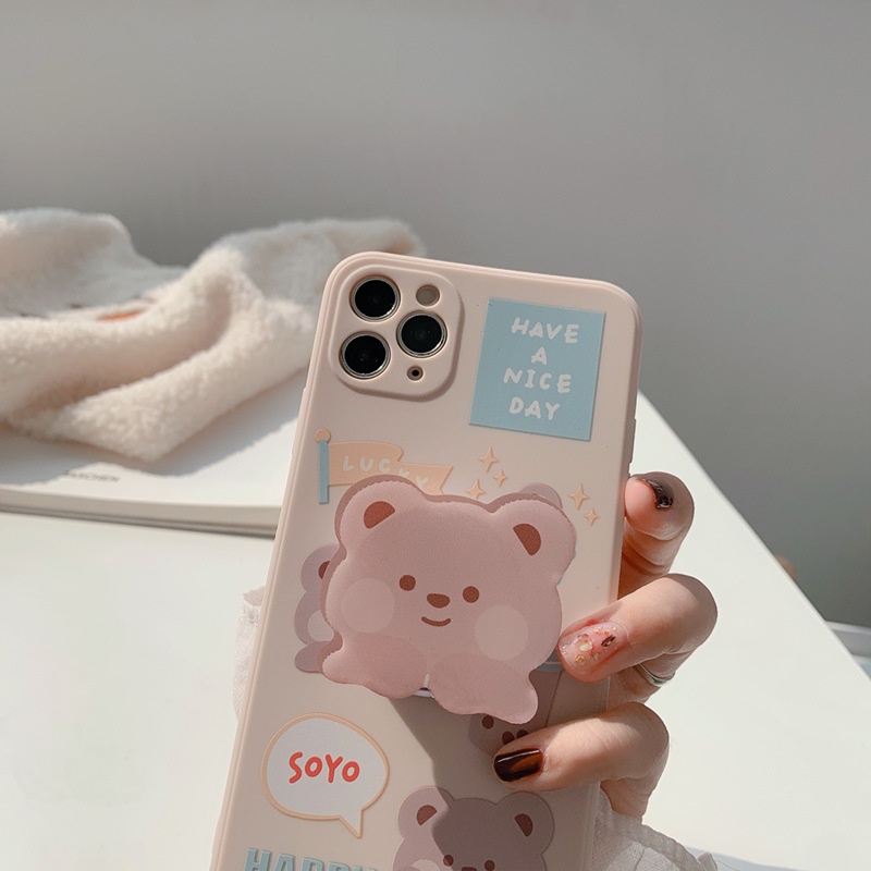 Soft Case Silikon Motif Kartun Beruang Dengan Popsocket Bracket Untuk Iphone 12 Mini 11 Pro Max X Xs Xr 8 7 Plus