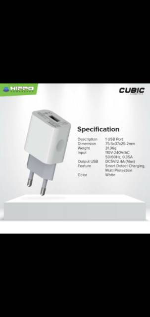 Adaptor batok charge HIPPO CUBIC GEN II SINGLE PORT 2.4A Smart Detect Charging isi 20pcs orignal