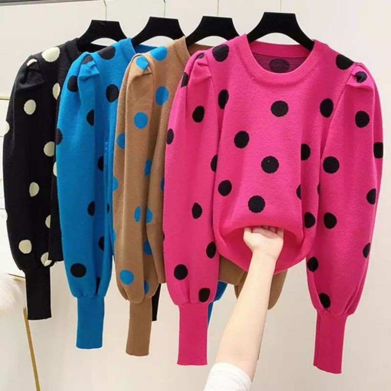 atasan rajut polka lengan balon guci import