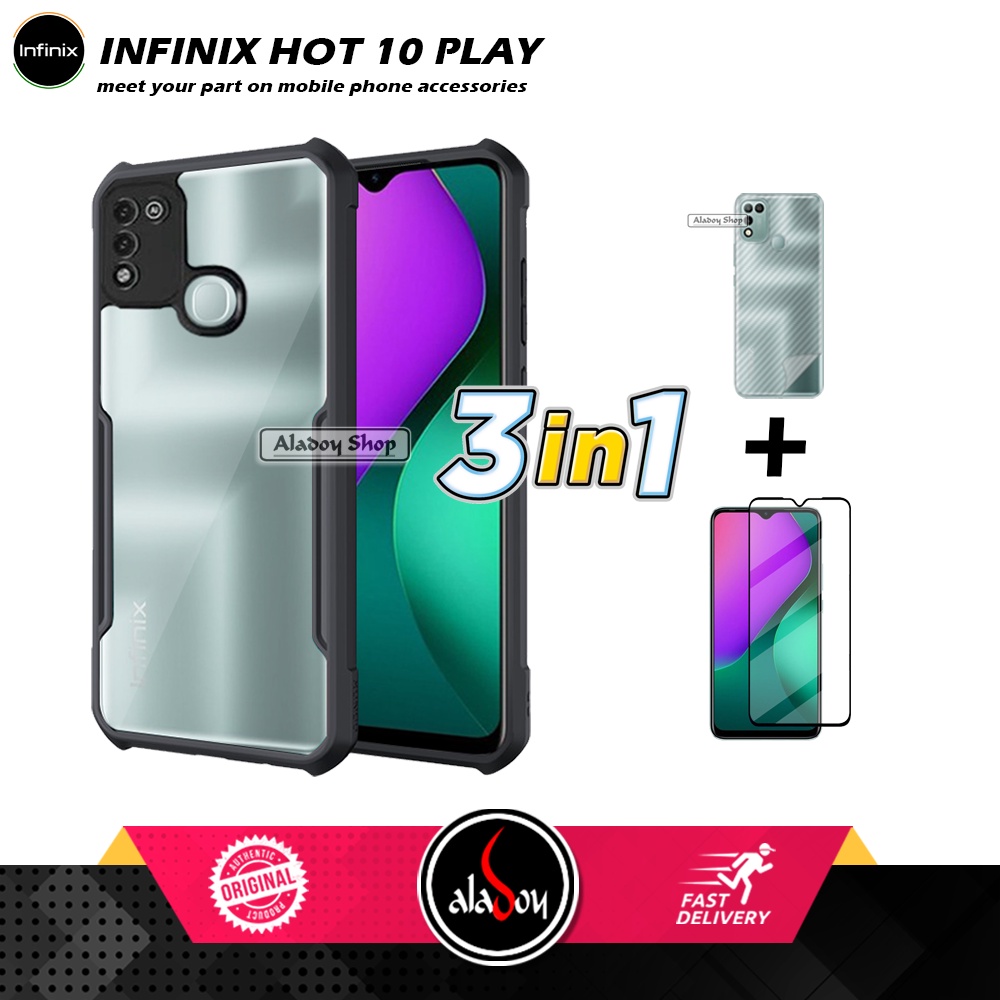 Case Infinix Hot 10 Play Armor Fushion Transparent Casing + Tempered Glass Full Layar dan Skin Carbon