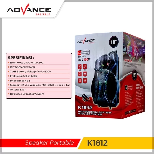 SPEAKER BLUETOOTH PORTABLE ADVANCE K1812 18 inch-FREE 2BH MIC WIRELESS