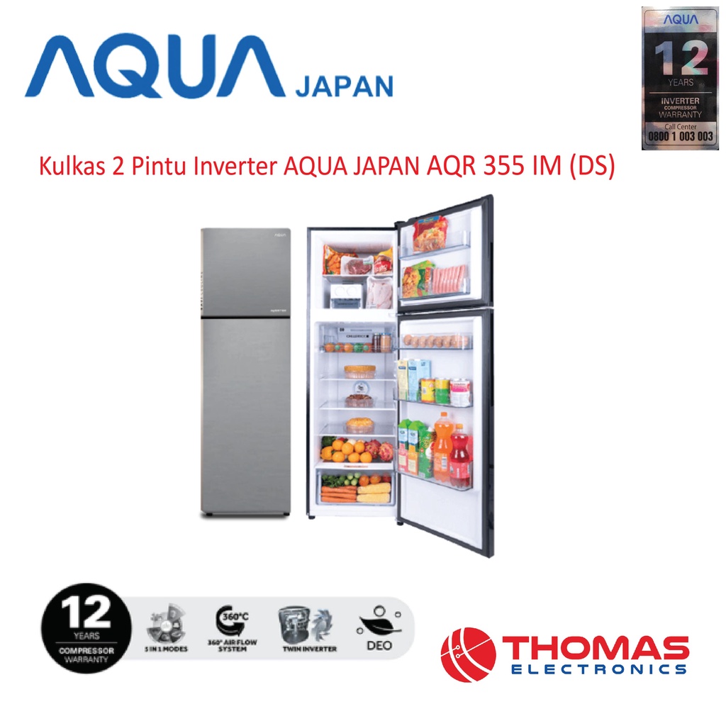 Kulkas 2 Pintu AQUA Twin Inverter JAPAN AQR 355 IM DS Lemari Es Dua Pintu Aqua AQR355IMDS GARANSI RE