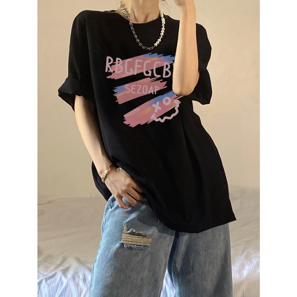 baju atasan wanita korean style letters graphic printing kaos import oversize hitam t shirt