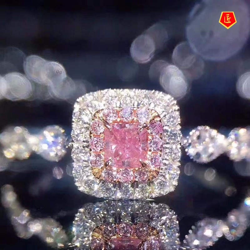 [Ready Stock]925 Silver Pink Micro-Inlaid Square Rhinestone Ring