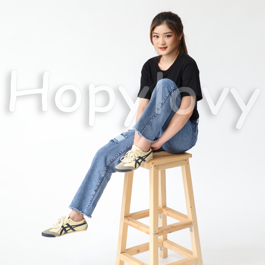 HOPYLOVY Celana Loose Jeans Wanita Boyfriend High Waist Jeans Sobek Furing Rawis Danira