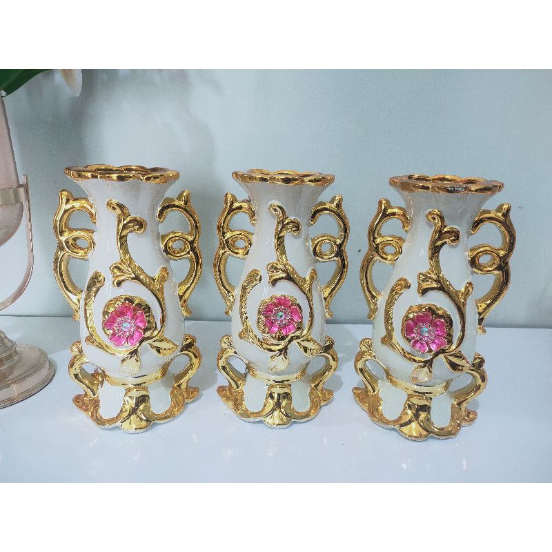 vas keramik sultan/vas mewah/pajangan vas keramik set 3pc krem gold