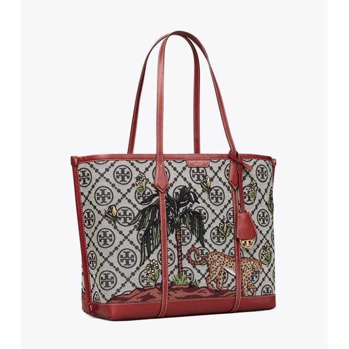 Tory burch Perry Monogram Jacquard Embroidered triple compartment tote