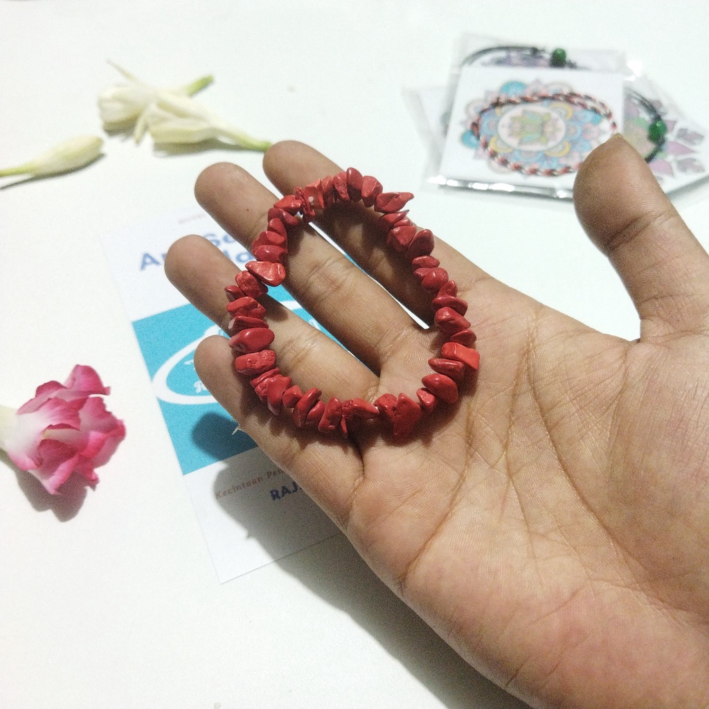 Gelang Batu Kristal Chips Kerikil Alam Red Coral Marjan Untuk Meningkatkan Aura