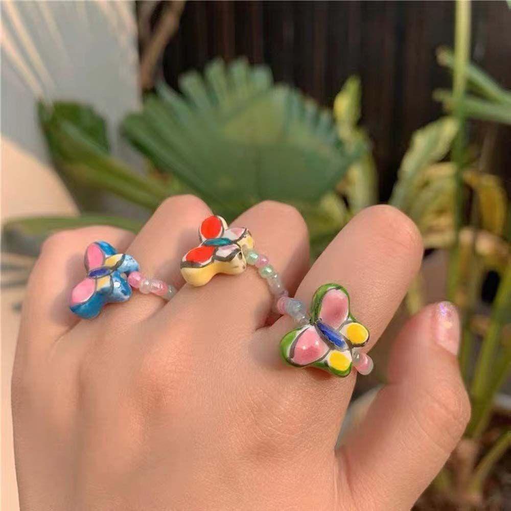 Mxbeauty Cincin Elastis Hadiah Hari Valentine Retro Untuk Perempuan Geometris Manik-Manik Kristal Vintage Knuckle Ring