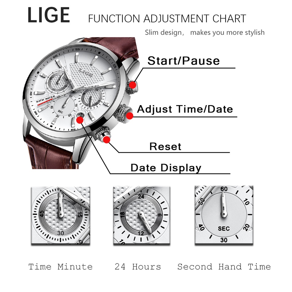 LIGE 9866 Jam Tangan Pria Anti air Fashion Chronograph Kulit Kuarsa Analog Jam Tangan + Kotak