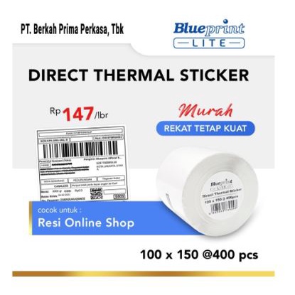 Direct Thermal Sticker barcode resi Label blueprint Lite 100x150 mm 1 line 400pcs roll perforasi Gap 3mm