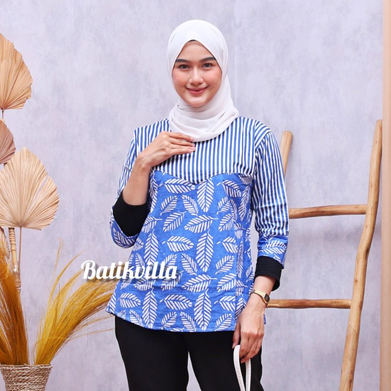 tey-17 Batik wanita ASJ SA HRB026 Kenongo Kemeja Tosca Pendek-Sopal daun