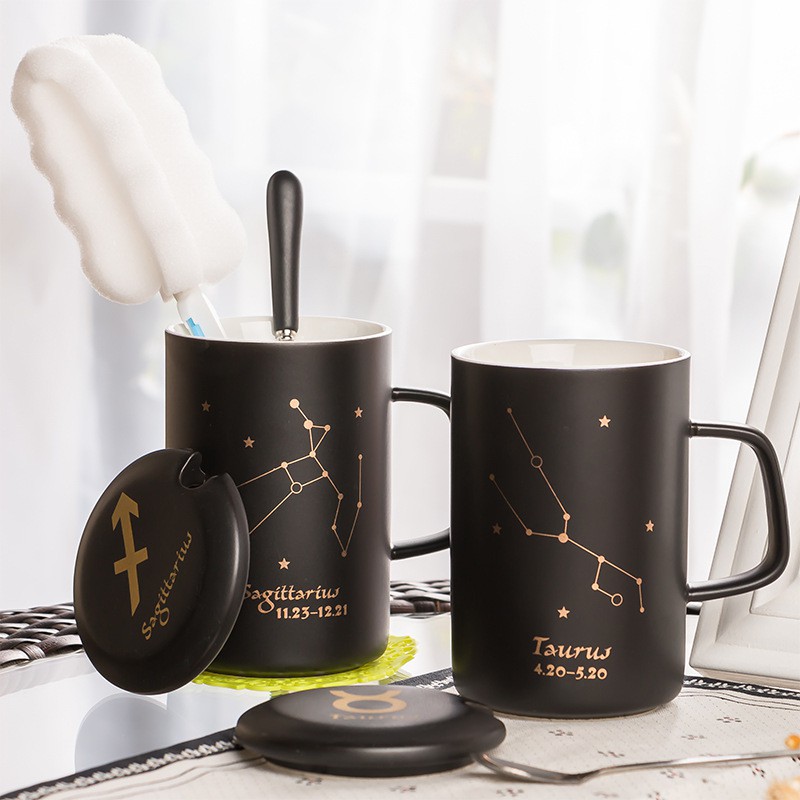 Triple W 12 Zodiac Ceramic Mug Set Doff Gelas Zodiak Cangkir Zodiak Gelas Keramik Cangkir Keramik Penutup Sendok Premium