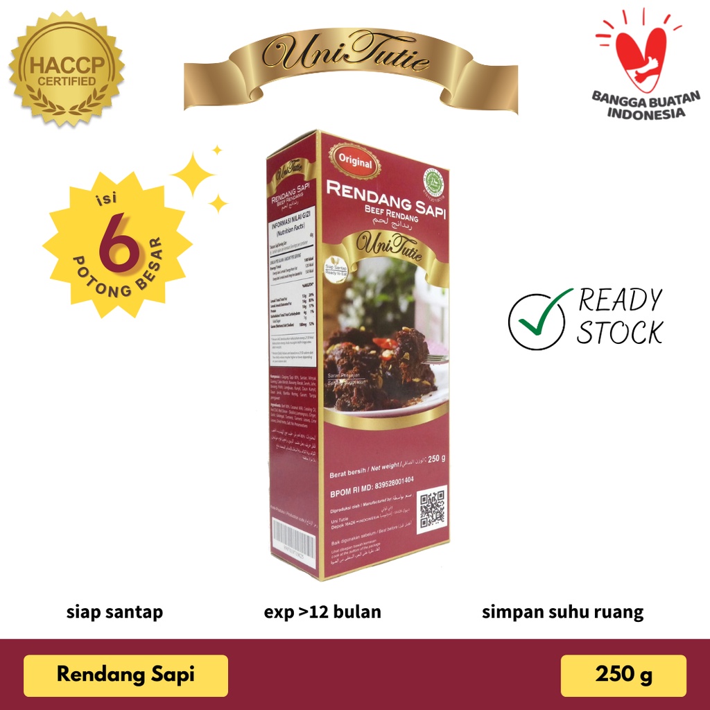 

UniTutie Daging Rendang Sapi 250g Lauk Pauk Siap Saji Makanan Instan Tahan Lama Rendang Kemasan