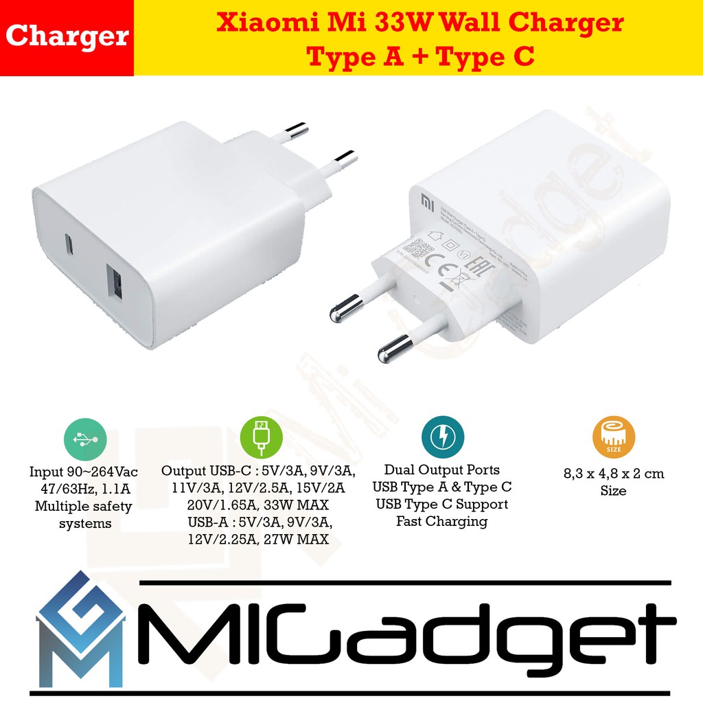 Xiaomi 33W Wall Charger Type A + Type C Charger Kepala HP