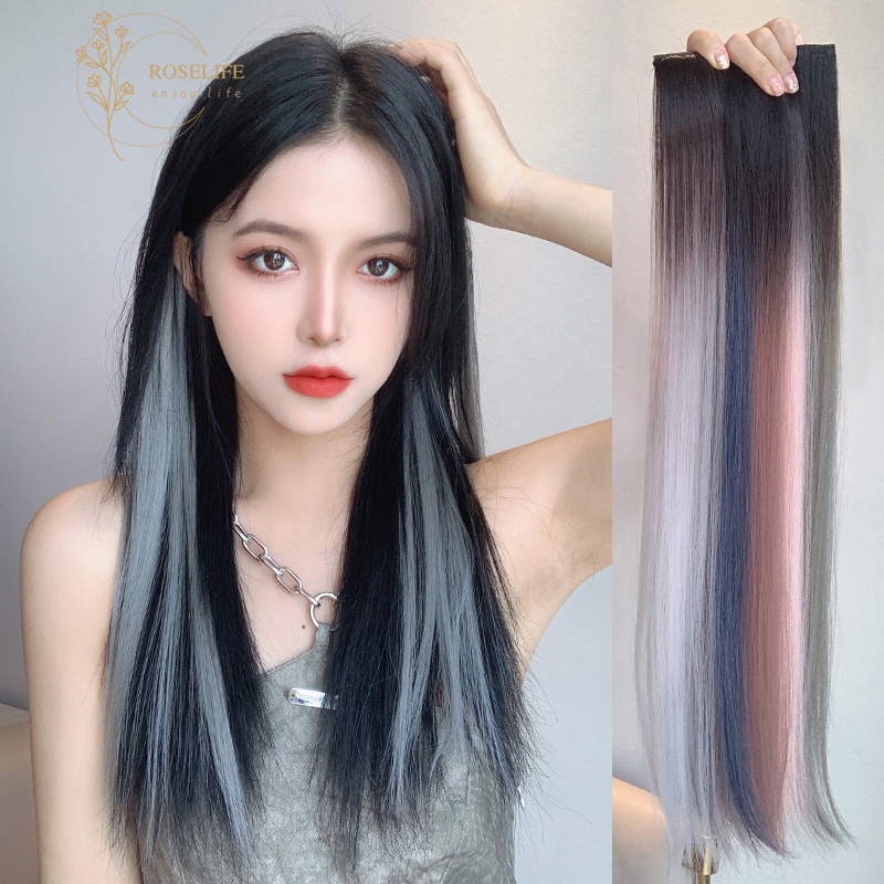 Roselife 1PC Wig / Rambut Palsu Extension Model Lurus Panjang 50cm Warna Gradasi Tahan Panas Dengan Klip