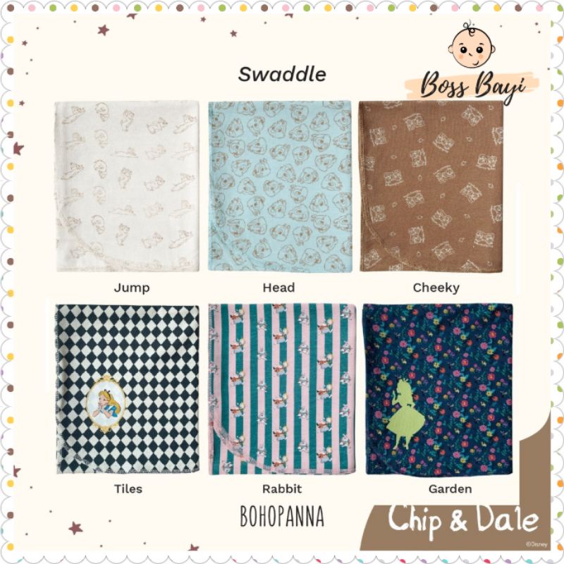 BOHOPANNA - Bow, Bonnet dan Bonnet Ruffle, Bib &amp; Bib Ruffle, Booties, Swaddle motif Disney (Alice dan Chip &amp; Dale) .