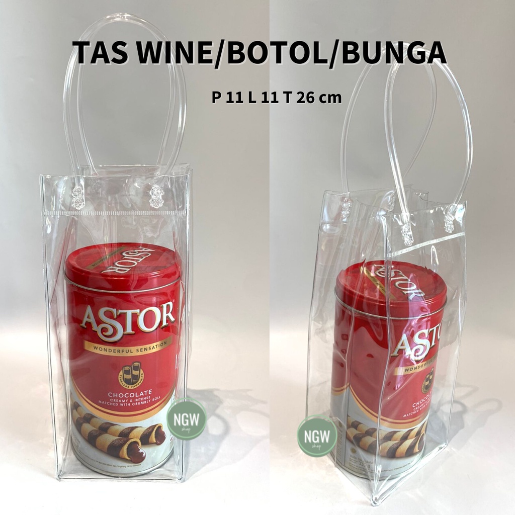 Tas wine Botol bouquet Bunga 11x11x26 PVC mika tebal import handle plastik